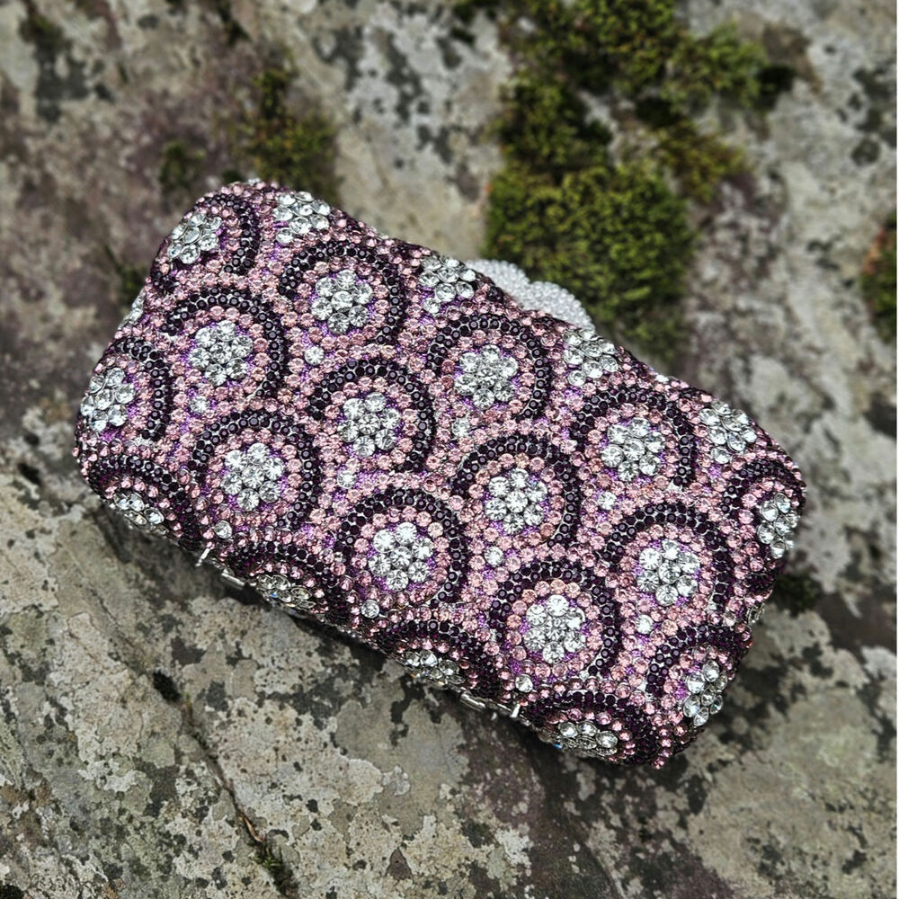 Boutique Pink Crystal Rhinestone Minaudière Clutch Crossbody Wedding Prom Bag
